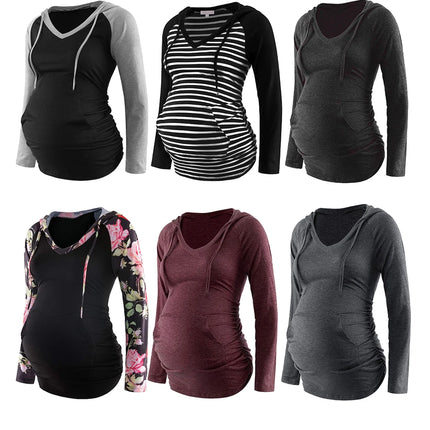 Sudaderas con capucha de maternidad para mujer, sudaderas con capucha de manga larga con cuello en V y estampado a rayas, Top para mamá embarazada, ropa de otoño e invierno para lactancia
