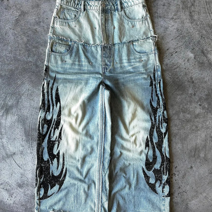 2025 retro doble cintura rebordear bordado jeans y2K hombres mujeres calle alta hip hop moda casual pareja pantalones vaqueros de pierna ancha