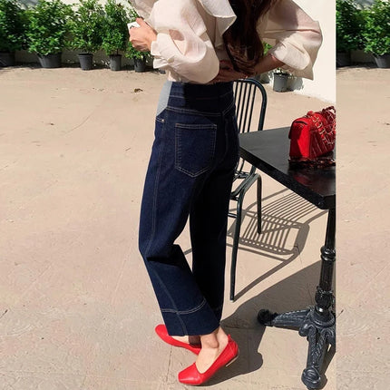 Nuevo artículo novedoso de moda coreana, pantalones vaqueros recortados elásticos de maternidad de mezclilla azul profundo, pantalones de verano y otoño para mujeres embarazadas