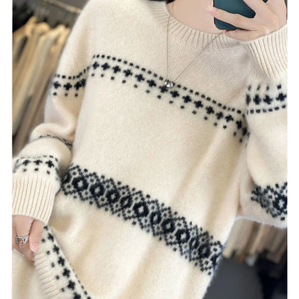Jersey de punto de lana 100%, superventas, suéter jacquard con cuello redondo, top grueso holgado a la moda para otoño e invierno para mujer