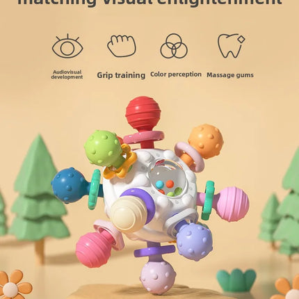 Sonajero de bola de dedo de Manhattan infantil, bola de átomo, mordedor giratorio, juguete de dentición, bola de Gel suave