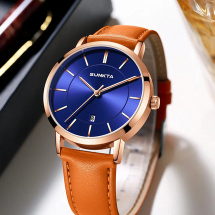 Relojes LIGE Sunkta ultrafinos para hombre, reloj de pulsera informal de moda de negocios Retro, reloj de cuarzo Simple con fecha de cuero resistente al agua para hombre