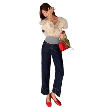 Nuevo artículo novedoso de moda coreana, pantalones vaqueros recortados elásticos de maternidad de mezclilla azul profundo, pantalones de verano y otoño para mujeres embarazadas