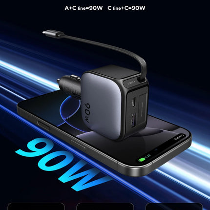 UGREEN 145W 90W 60W Cargador de coche 3 USB-C y 1 puertos USB-A PD QC4.0 Carga rápida con cable retráctil para iPhone 17 Pro MacBook
