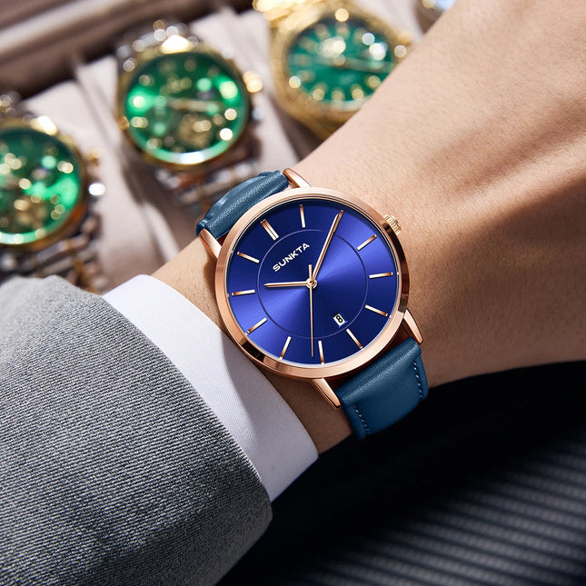 Relojes LIGE Sunkta ultrafinos para hombre, reloj de pulsera informal de moda de negocios Retro, reloj de cuarzo Simple con fecha de cuero resistente al agua para hombre