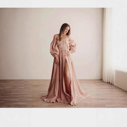 Vestido de sesión de fotos de maternidad: vestido sexy con hombros descubiertos, mangas abullonadas juguetonas y ropa con abertura para piernas para fotografía de mujeres embarazadas