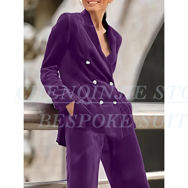 Conjuntos de 2 piezas morados de lujo para mujer, trajes elegantes con doble botonadura y solapa de pico, chaqueta ajustada, pantalones, trajes, chaqueta de oficina de terciopelo 2025