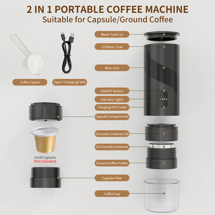 Cafetera eléctrica portátil de 20 BAR, molinillo de café 2 en 1, cafetera de viaje para coche y hogar, Camping al aire libre