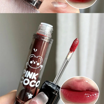 PINKCOCO Bear Doodle Mirror Lip Glaze - Brillo de labios brillante de larga duración, lápiz labial desnudo que brilla la piel, apto para estudiantes