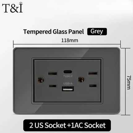 Enchufe de Pared de Vidrio Templado con Puertos USB Dual Tipo C – 118x75mm, 110V