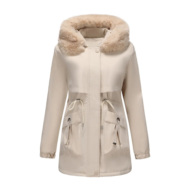 Abrigo de longitud media con capucha marrón oscuro para mujer recién llegado de invierno, chaqueta gruesa elegante y cálida. Parkas caqui, negro, azul y rosa.