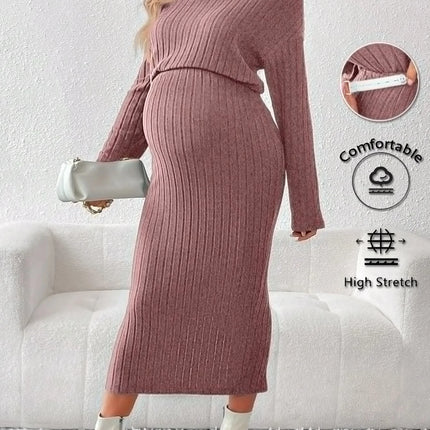 Un conjunto de dos piezas de suéter de cuello redondo de punto de color sólido y cintura alta para mujeres embarazadas