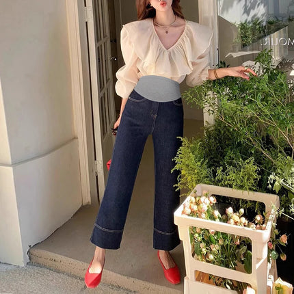 Nuevo artículo novedoso de moda coreana, pantalones vaqueros recortados elásticos de maternidad de mezclilla azul profundo, pantalones de verano y otoño para mujeres embarazadas