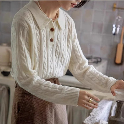 100% suéter de lana pura para mujer 2025 Otoño/Invierno nuevo jersey con cuello POLO moda coreana solapa suave Top de Cachemira de punto para mujer