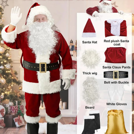 Disfraces de Navidad - Disfraz de Papá Noel para Hombres Mujeres Adultos - 9 piezas. Traje de traje de Papá Noel de lujo