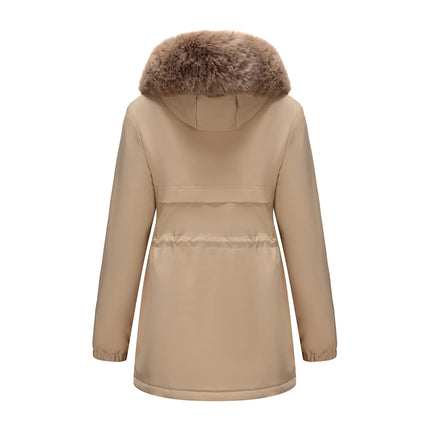 Abrigo de longitud media con capucha marrón oscuro para mujer recién llegado de invierno, chaqueta gruesa elegante y cálida. Parkas caqui, negro, azul y rosa.