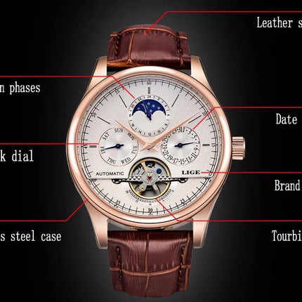 Reloj Mecánico Automático LIGE para Hombre – Tourbillon con Correa de Cuero Genuino