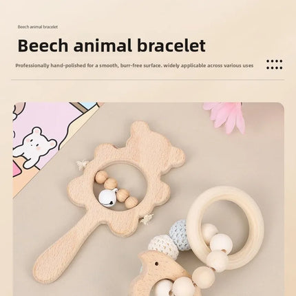 Juego de mordedor de madera para la dentición de dos piezas: conejo, erizo, elefante, pájaro, mordedores de madera de haya, sonajero de animales para bebé y juguete para masticar