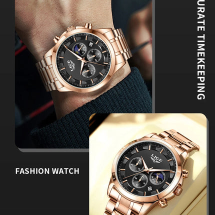 Reloj de Cuarzo LIGE para Hombre – Lujo Clásico con Fase Lunar y Fecha Automática