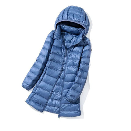 Haze Blue Chaqueta larga liviana para mujer, abrigo de manga larga con capucha, talla asiática M-7XL, Parkas disponibles en rojo, negro, azul y morado