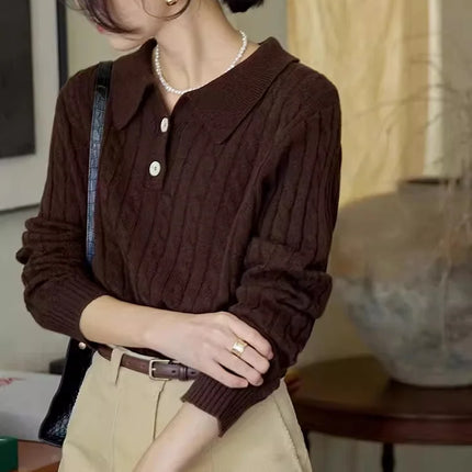 100% suéter de lana pura para mujer 2025 Otoño/Invierno nuevo jersey con cuello POLO moda coreana solapa suave Top de Cachemira de punto para mujer
