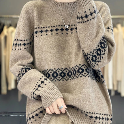 Jersey de punto de lana 100%, superventas, suéter jacquard con cuello redondo, top grueso holgado a la moda para otoño e invierno para mujer