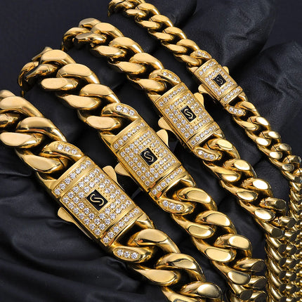 Pulsera Cubana Hip Hop de Lujo – Acero Inoxidable con Baño de Oro de 14K y Diamantes Simulados