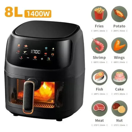 Freidora de aire de 1400 W y 8 l sin aceite, programable, inteligente, con pantalla LED táctil, ciclo térmico, para el hogar, para cocinar patatas fritas, pollo