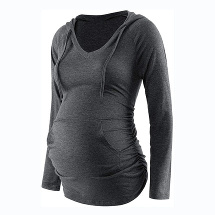 Sudaderas con capucha de maternidad para mujer, sudaderas con capucha de manga larga con cuello en V y estampado a rayas, Top para mamá embarazada, ropa de otoño e invierno para lactancia