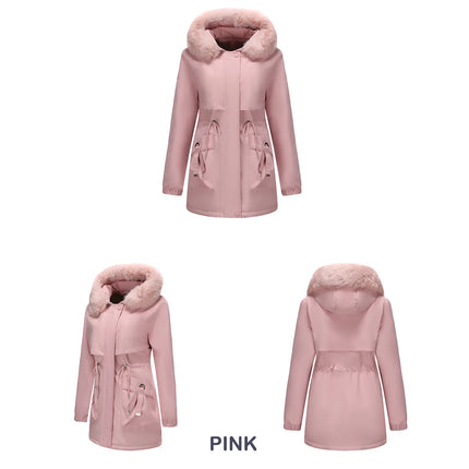 Abrigo de longitud media con capucha marrón oscuro para mujer recién llegado de invierno, chaqueta gruesa elegante y cálida. Parkas caqui, negro, azul y rosa.