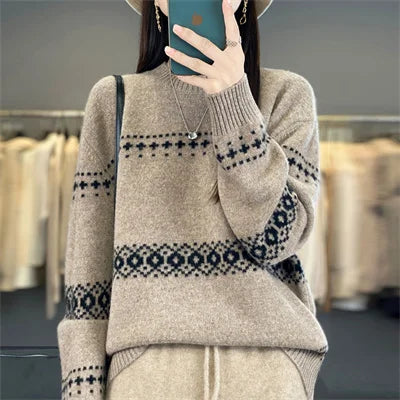 Jersey de punto de lana 100%, superventas, suéter jacquard con cuello redondo, top grueso holgado a la moda para otoño e invierno para mujer