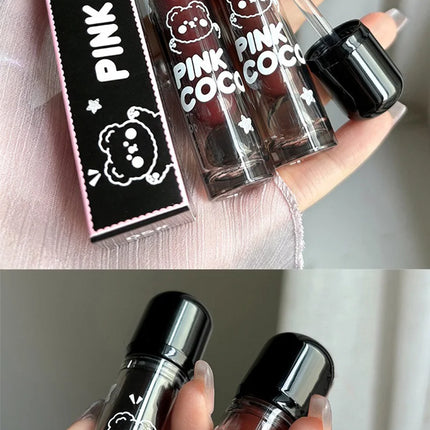 PINKCOCO Bear Doodle Mirror Lip Glaze - Brillo de labios brillante de larga duración, lápiz labial desnudo que brilla la piel, apto para estudiantes