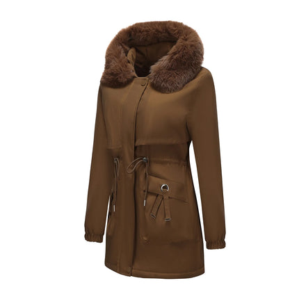 Abrigo de longitud media con capucha marrón oscuro para mujer recién llegado de invierno, chaqueta gruesa elegante y cálida. Parkas caqui, negro, azul y rosa.