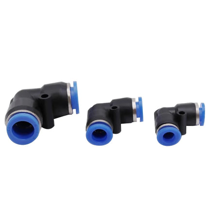 Juego de 20 Conectores Neumáticos en Codo PV – 90° de Plástico, Conector Rápido de 2 Vías (4mm / 6mm / 8mm / 10mm)
