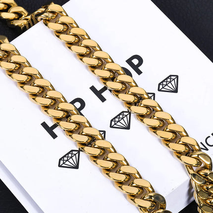 Pulsera Cubana Hip Hop de Lujo – Acero Inoxidable con Baño de Oro de 14K y Diamantes Simulados