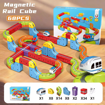 Tren electrónico mágico, cubo de juguete para niños, montaje artesanal, vía férrea, juego de bloques de construcción de automóviles, juguete educativo, regalos de navidad