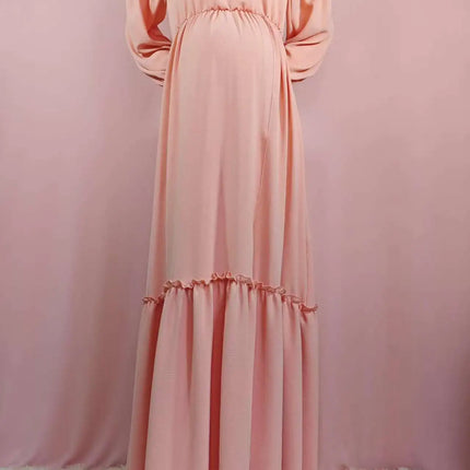Vestido de sesión de fotos de maternidad: vestido sexy con hombros descubiertos, mangas abullonadas juguetonas y ropa con abertura para piernas para fotografía de mujeres embarazadas