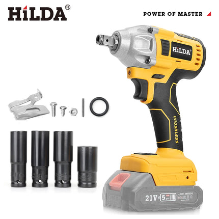 HILDA-llave eléctrica sin escobillas con batería de iones de litio de 1/2 pulgadas, herramientas eléctricas inalámbricas para batería Makita de 18V con luz Led
