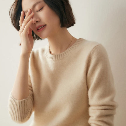 Suéter elegante de Cachemira de 100% con cuello redondo para mujer, jersey de Color sólido, ropa informal básica de otoño e invierno, prendas de punto gruesas y cálidas, Tops suaves