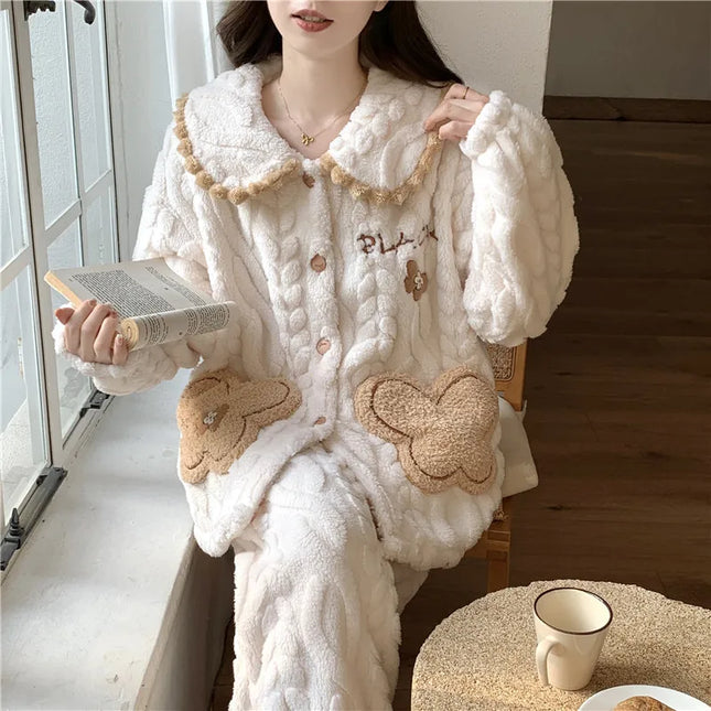 Conjunto de pijama de lana Coral para mujer, ropa de dormir cálida con forro polar para invierno, ropa de descanso de franela acogedora, traje para estar en casa, ropa de dormir cómoda