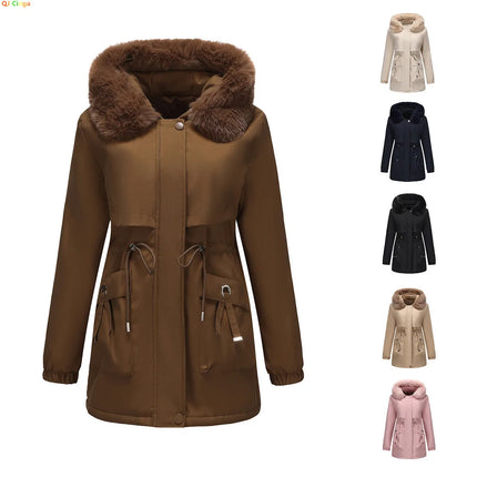 Abrigo de longitud media con capucha marrón oscuro para mujer recién llegado de invierno, chaqueta gruesa elegante y cálida. Parkas caqui, negro, azul y rosa.