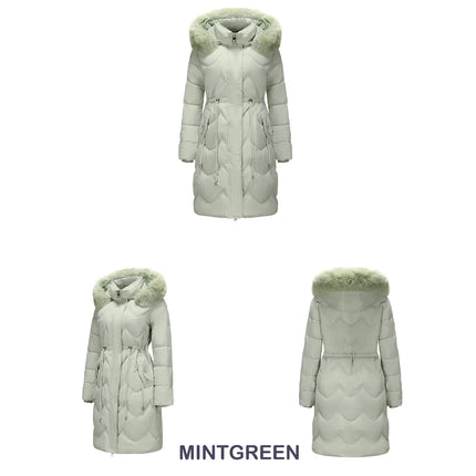 Abrigo largo con capucha estilo viajero rosa para mujer, parkas verde claro, chaqueta térmica negra con abrigo con cordón en la cintura.