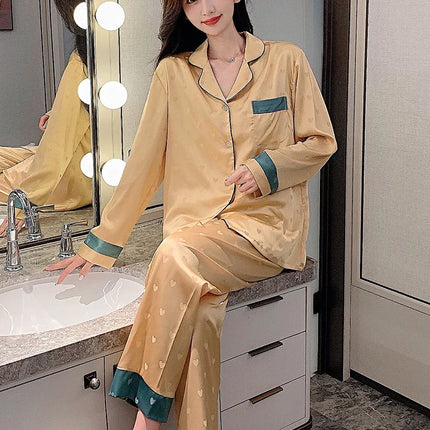 Conjunto de Pijama de Seda de Hielo de Otoño para Mujer – 2 Piezas Moderno y Elegante