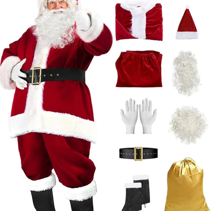 Disfraces de Navidad - Disfraz de Papá Noel para Hombres Mujeres Adultos - 9 piezas. Traje de traje de Papá Noel de lujo