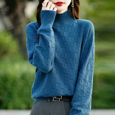 Suéter de algodón 100% para mujer, jersey de cuello medio alto, camisa con patrón cuadrado, Top de punto suelto a la moda, otoño e invierno, nuevo