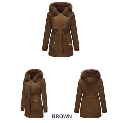 Abrigo de longitud media con capucha marrón oscuro para mujer recién llegado de invierno, chaqueta gruesa elegante y cálida. Parkas caqui, negro, azul y rosa.