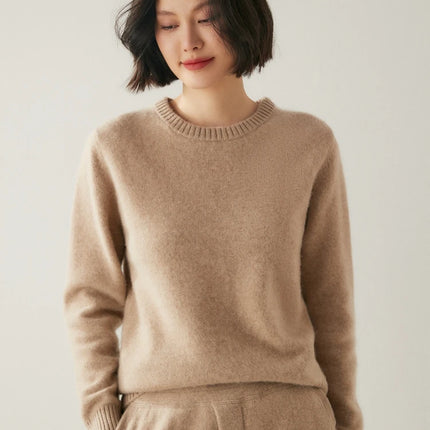 Suéter elegante de Cachemira de 100% con cuello redondo para mujer, jersey de Color sólido, ropa informal básica de otoño e invierno, prendas de punto gruesas y cálidas, Tops suaves