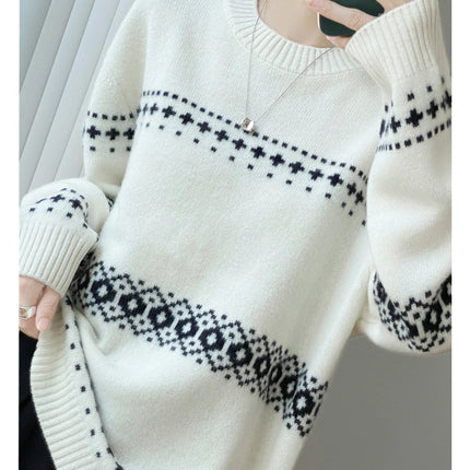 Jersey de punto de lana 100%, superventas, suéter jacquard con cuello redondo, top grueso holgado a la moda para otoño e invierno para mujer