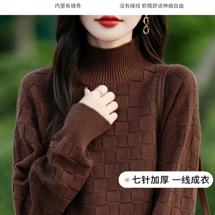 Suéter de algodón 100% para mujer, jersey de cuello medio alto, camisa con patrón cuadrado, Top de punto suelto a la moda, otoño e invierno, nuevo