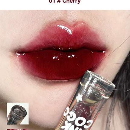 PINKCOCO Bear Doodle Mirror Lip Glaze - Brillo de labios brillante de larga duración, lápiz labial desnudo que brilla la piel, apto para estudiantes
